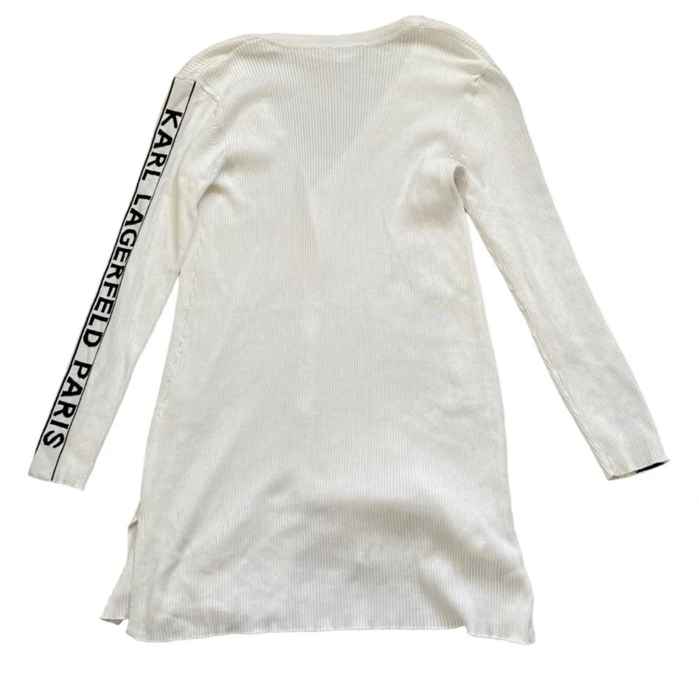 Karl Lagerfeld Paris Long Cardigan Ribbed White/Black Sweater Side Arm Logo XS - Picture 3 of 8